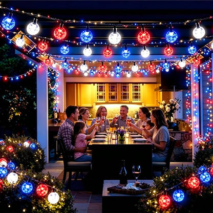 Joomer Red White Blue Solar String Lights,39FT 60LED 4th of July Decor | with 8 Lighting Modes Waterproof, Solar Powered Fairy Lights for Independence Day Yard Gazebo BBQ Patriotic Party Decorations
