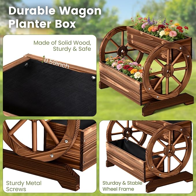24" Extra Large Rustic 2-Tier Wooden Wagon Planter Box | Carbonized wood flower cart with 2 tiers, drainage holes, liner, and wagon wheels for porch, patio, and garden decor