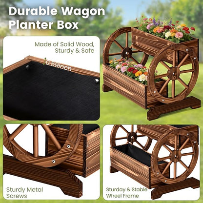 24" Extra Large Rustic 2-Tier Wooden Wagon Planter Box | Carbonized wood flower cart with 2 tiers, drainage holes, liner, and wagon wheels for porch, patio, and garden decor
