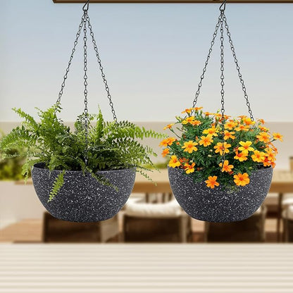 Meowell 12 inch Large Hanging Planters for Indoor Outdoor Plants, 2 Pack Hanging Flower Pots with Drainage Holes and Chain for Garden Porch, Plastic Hanging Baskets for House Plants, Speckled Black