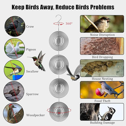 Stainless Steel Bird Deterrents for Outside Patio, Reflective 3D Bird Scare Devices Wind Spinners Outdoor Decor, Woodpecker Deterrent Bird Reflectors to Keep Pigeon Crow Away House Yard Window, Round