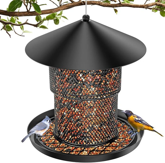 Bird Feeder for Outdoor Hanging, No Mess No Spill and Squirrel Proof Feeder | Squirrel Proof Bird Feeder with Catch Tray - Large Capacity All-Metal for Outside Hanging