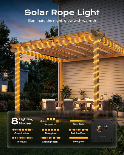 Brightown Solar Rope Lights, 2 Pack Total 78FT 200LED Warm White Solar String Lights Outdoor, IP65 Waterproof Solar Powered Fairy Lights with 8 Lighting Modes for Yard Garden Patio Tree Decoration | IP65 Waterproof Solar Fairy Lights with 8 Lighting Mo...