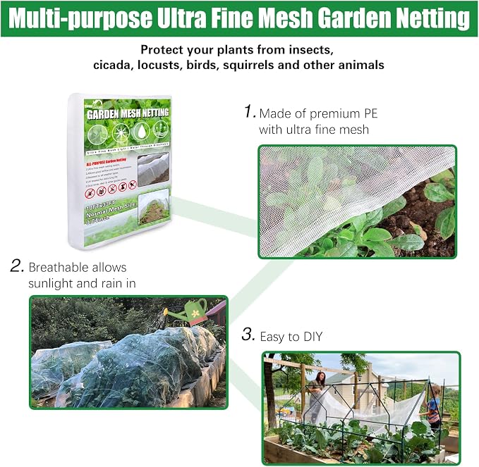 SnugNiture Garden Netting 10x33FT Ultra Fine Mesh Mosquito Netting Plant Covers, White Bird Netting Barrier Greenhouse Row Cover Protect Fruits Flower Vegetables from Birds Deer & Squirrels