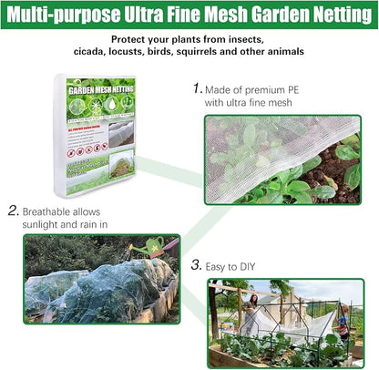 SnugNiture Garden Netting 10x33FT Ultra Fine Mesh Mosquito Netting Plant Covers, White Bird Netting Barrier Greenhouse Row Cover Protect Fruits Flower Vegetables from Birds Deer & Squirrels