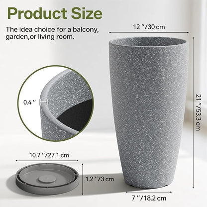 ZMTECH 2 Packs 21 inch Tall Planter, Indoor Outdoor Round Planter for Porch, Large Plant Pot with Drainage Hole for Home Garden Front Door, Modern Decorative Pots for Plants (Light Gray)