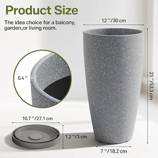 ZMTECH 2 Packs 21 inch Tall Planter, Indoor Outdoor Round Planter for Porch, Large Plant Pot with Drainage Hole for Home Garden Front Door, Modern Decorative Pots for Plants (Light Gray)