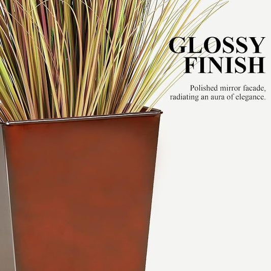 Worth Garden 25" Large Metal Glazed Planter Set of 2, Luxurious Glossy Finish Red Tall Square Tapered Steel Plant Pots, Decor Flower Pot Indoor & Outdoor, Drainage Hole & Dual-Purpose Plant Saucer