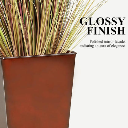 Worth Garden 28" Large Metal Glazed Planter Set of 2, Luxurious Glossy Finish Red Tall Square Tapered Steel Plant Pots, Decor Flower Pot Indoor & Outdoor, Drainage Hole & Dual-Purpose Plant Saucer
