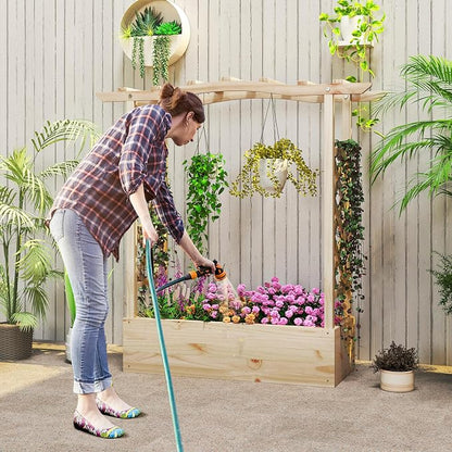 HAPPYGRILL Raised Garden Bed with Trellis, Wood Planter Box w/Hanging Roof, Drainage System, Elevated Garden Box for Climbing Vine, Outdoor Planter w/Trellis for Patio Balcony, 44" x 14" x 45"