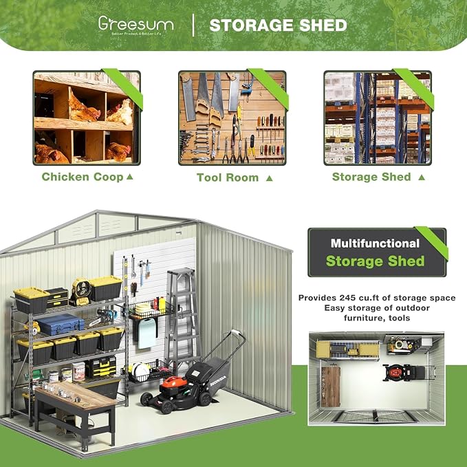 Greesum 8x6FT Outdoor Storage Shed, Utility Tool Shed with Sloping Roof, Metal Storaged Garden Shed with Door & Lock for Patio Storage, Brown