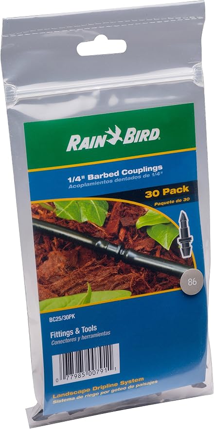 Rain Bird BC25-30PS Drip Irrigation Universal 1/4" Barbed Coupling Fitting, Fits 1/4" Drip Tubing, 30-Pack