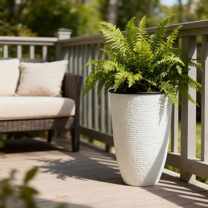 Worth Garden 2-Pack 21" H. White Tall Planters with Inside Pots - 14'' Dia Plastic Large Round Plant Tree Pots - Decorative Imitation Stone Finish for Indoor Outdoor Front Porch Container Patio
