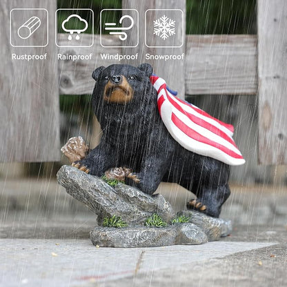 Suyorpe Bear Solar Lights Outdoor Statue - Garden Black Bear with Light up American Flag Solar Animals Outdoor Waterproof Decor for Patio,Porch,Balcony,Yard,Lawn