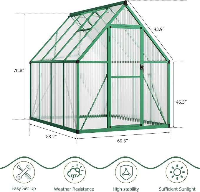 CABIHOME 8x12 FT Outdoor Greenhouse, Polycarbonate Greenhouse with Roof Vent and Ground Nails, Aluminum Large Walk-in Green House w/ Lockable Push Door for Outdoor Garden (Green, 6x7 FT)