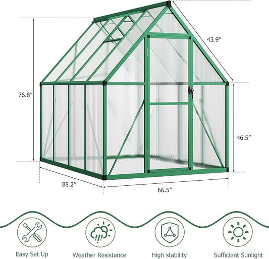 CABIHOME 8x12 FT Outdoor Greenhouse, Polycarbonate Greenhouse with Roof Vent and Ground Nails, Aluminum Large Walk-in Green House w/ Lockable Push Door for Outdoor Garden (Green, 6x7 FT)