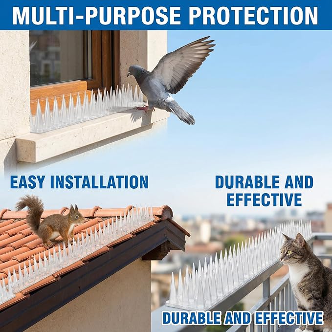 Bird & Animal Deterrent Spikes, 60 Packs Outdoor Plastic Spike Strips for Roof, Ledges, Fence, Walls & Railing, Humane Squirrel, Raccoon & Pigeon Barrier, 60 FT Coverage, White