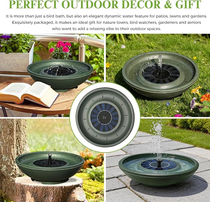 Solar Bird Bath with Fountain,12.4" Dark Green Birdbath for Outdoors,Tool-Free 10s Assembly,6 Spray Nozzles,Lightweight Plastic Water Feature for Garden Decor,Patio Gitf,Hummingbirds