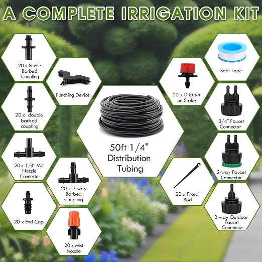 Drip Irrigation Kit, Drip Irrigation System for Garden with 1/4" Irrigation Tubing DIY Saving Water Automatic Watering System for Garden, Greenhouse, Flower Bed, Patio, Lawn
