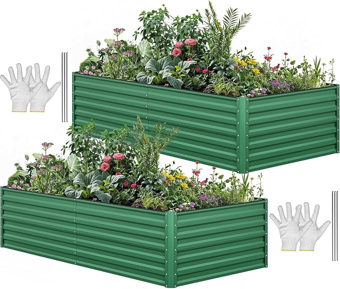 YITAHOME 2pcs 8x4x1.5 in Galvanized Raised Garden Bed Kit, Large Metal Planter Box with Gloves, Safety Rubber & Support Rod, Outdoor Flower Bed for Plants Vegetables, Green