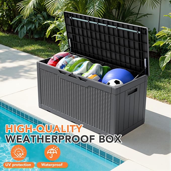 105 Gallon Deck Box Outdoor Indoor Waterproof Storage Box for Patio Furniture, Pool Accessories, Garden Tools, and Cushion Storage, Gray