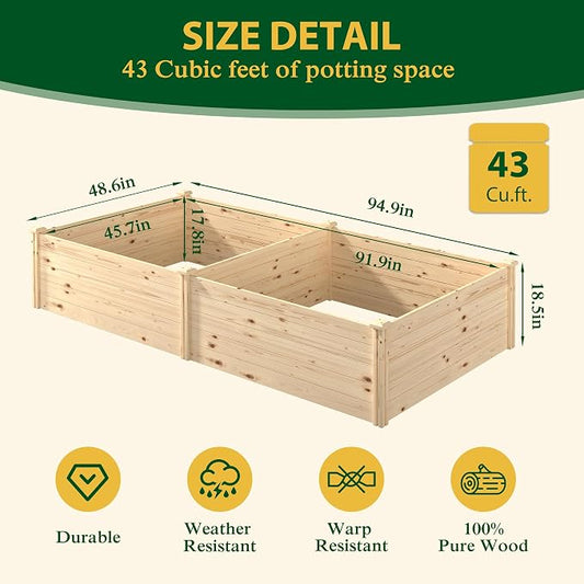 MUPATER 8x4x1.5 FT Wooden Raised Garden Bed, 43 Cubic Feet Outdoor Plant Box with Mortise & Tenon Design, Deep Raised Garden Bed for Herbs, Vegetables and Flowers, Garden, Natural Wood