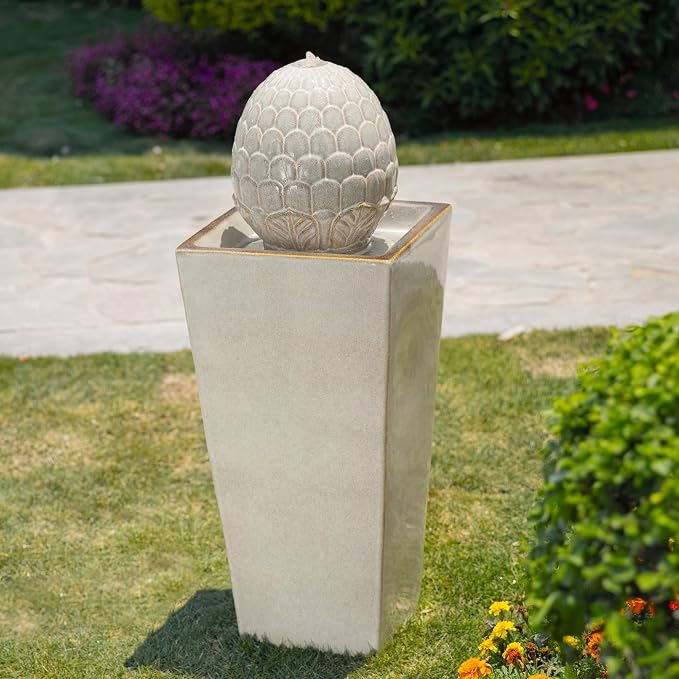 Glitzhome Ceramic Outdoor Water Fountain with LED Light, Oversized Artichoke Pedestal Water Fountains with Submersible Pump, Patio Fountain Waterfall for Garden Patio Deck Porch, Sand Beige, 35.75" H
