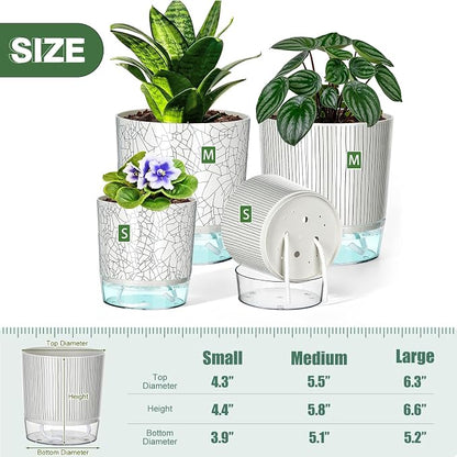 4 Pack Self Watering Pots for Indoor Plants, 4/5.5 Inch Lightweight Planters with Water Reservoir, Flower Pots for African Violet, Spider Plant, Orchid