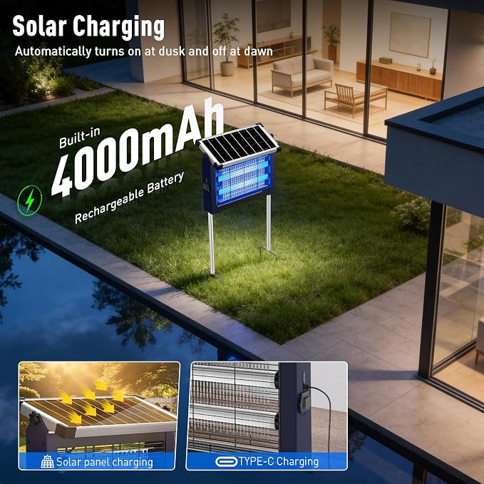 Solar Bug Zapper Outdoor Waterproof, USB-C Rechargeable Mosquito Zapper, 4500V Electric Insect Killer, Solar Mosquito Trap Fly Zapper for Patio Garden Backyard Camping Garage(Deep Blue)