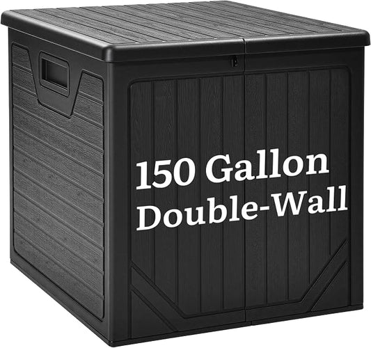 YITAHOME 150 Gallon Large Outdoor Deck Box | Lockable Resin Double-Wall Storage Box and Waterproof Patio Furniture Bin for Garden Tools & Pool Accessories, Black