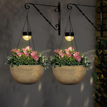 BAYN 2 Packs Solar Hanging Basket Planters for Plants Outdoor | Self Watering, Copper Flower Pots with Solar Light , Hanging Planters with Drainer for Balcony Patio Garden Decoration