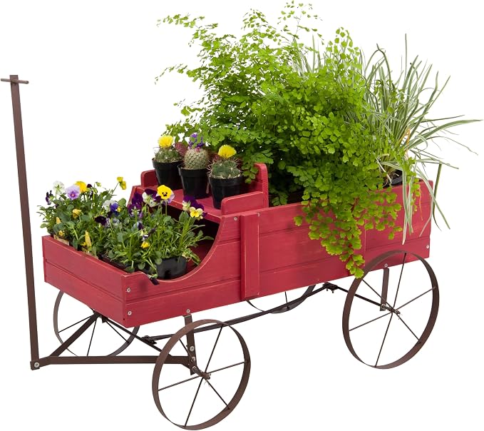 Shine Company Decorative Wagon Garden Planter, Wooden Wagon Yard Décor for Outdoor Plants, Large, Red