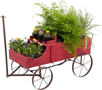 Shine Company Decorative Wagon Garden Planter, Wooden Wagon Yard Décor for Outdoor Plants, Large, Red