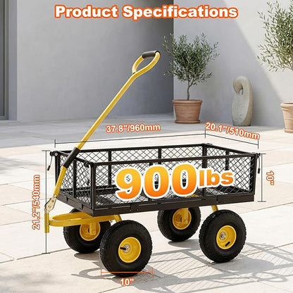 DIAMONDFORGE 900lbs Heavy Duty Garden Cart, Steel Garden Wagon Cart with Fixedable Rotating Handle for Backyard, Utility Yard Wagon with 10" All Terrain Tires, Mesh Removable Sides