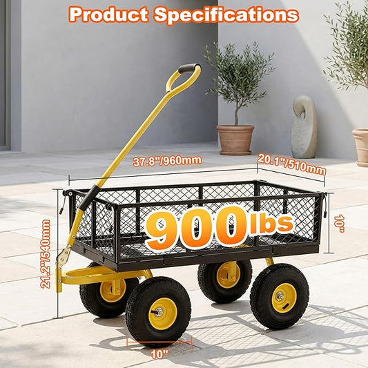 DIAMONDFORGE 900lbs Heavy Duty Garden Cart, Steel Garden Wagon Cart with Fixedable Rotating Handle for Backyard, Utility Yard Wagon with 10" All Terrain Tires, Mesh Removable Sides