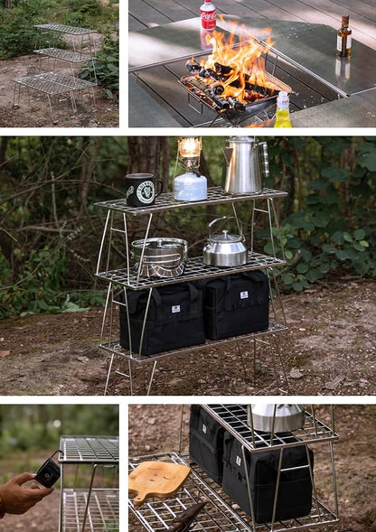 CAMPINGMOON Foldable Mesh Camping Rack Stackable Camp Storage Shelf Fire Pit Side Table Portable Outdoor Organizer Stainless Steel T-225A