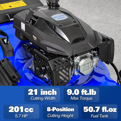 BILT HARD 21 Inch 201cc 4-Cycle Engine Push Lawn Mower, 3-in-1 Gas Lawn Mower with Bagging, Mulching and Side Discharge, Easy Start with Adjustable 8-Positions Cutting Height for Lawn, Yard, Garden