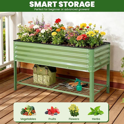 Elevated Raised Garden Bed 2' x 4'- Galvanized Metal Planter Boxes with Legs & Storage Rack, Outdoor Planters for Backyard/Patio/Balcony, with Drainage Holes for Vegetables, Flowers, Herbs, Green