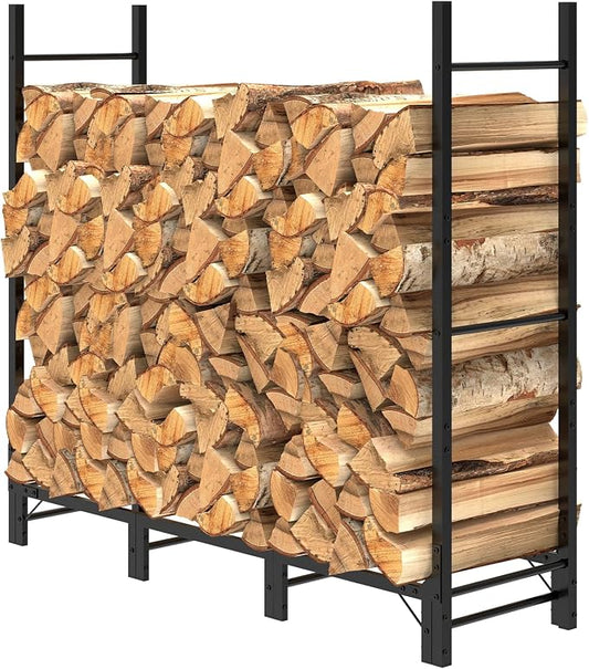 Helios&Hestia 4Ft Outdoor Firewood Rack for Fireplace, Heavy Duty Steel Log Holder, Indoor Wood Pile Storage Organizer, Adjustable Stacker Stand, Black