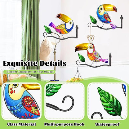 3PCS Metal Owl Wall Art Decor Hooks, 3D Colorful Stained Glass Hanger for Flower Baskets Wind Chimes Lanterns, Indoor & Outdoor wall Decor for Garden Porch Living Room Balcony(Toucan)