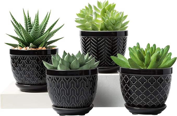 Sureasy Ceramic Plant Pots, 4.7 Inch Flower Pots for Indoor Plants, Succulent Pots with Saucer and Drainage Hole, Decorative Planter for Succulent, Cactus, Set of 4, Black