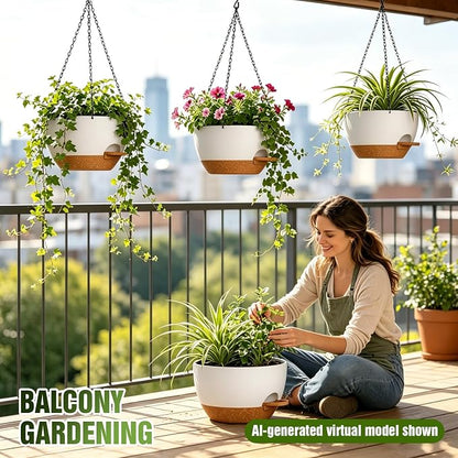 10 Inch Self-Watering Hanging Planters Set of 3 with Saucers | Set of 3 10-inch self-watering hanging planters with extra growing space, side-fill ports, chain hangers & snap-on saucers
