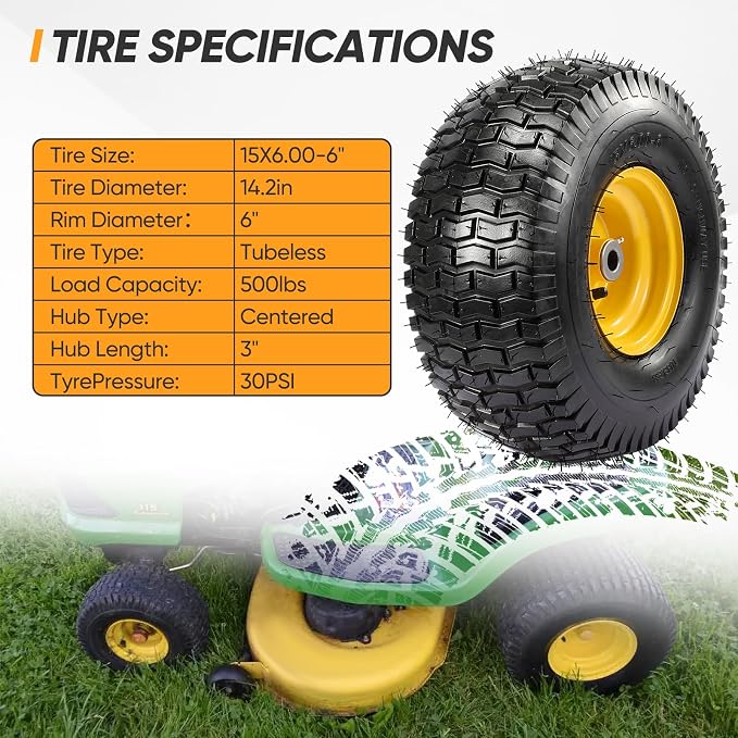 2PCS 15x6.00-6 Tire and Wheel Assembly, 4 Ply Tubeless 15x6-6 Front Tire Assembly Replacement for Craftsman John Deere Husqvarna Riding Mowers, 500lbs Capacity, 3" Centered Hub, 3/4" Bushing