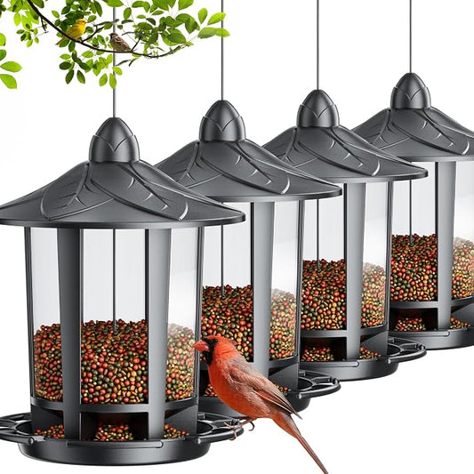 Birdream 4 Pack Bird Feeders for Outdoor Hanging, Assembly Required, 1-Min Easy Setup, Charming Castle Design, Attracting Cardinals Chickadees Goldfinches & Sparrows - Black