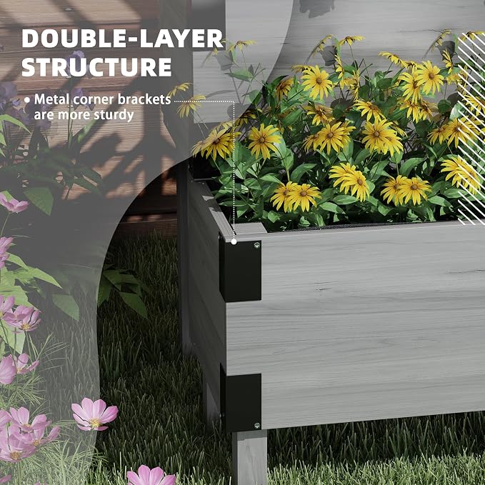 Outsunny 2-Tier Raised Garden Bed with Trellis, Wooden Elevated Planter Box with Drainage Holes, Liners, Metal Corners, Trellis Planter for Climbing Plants, Flowers, Herbs, 42.5" x 25.5" x 55", Gray