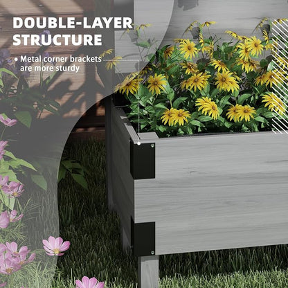 Outsunny 2-Tier Raised Garden Bed with Trellis, Wooden Elevated Planter Box with Drainage Holes, Liners, Metal Corners, Trellis Planter for Climbing Plants, Flowers, Herbs, 42.5" x 25.5" x 55", Gray