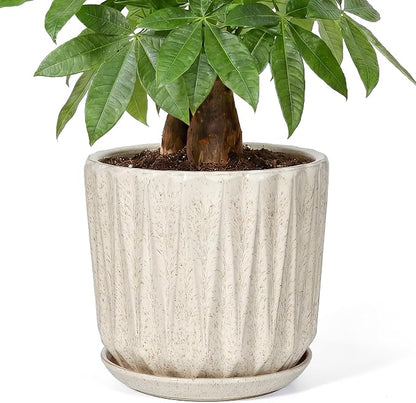 10 Inch Ceramic Planter Pot with Saucer Drainage Leak-Proof Mesh,Flower Pots for Indoor Plants with Gardening Gloves,Ceramic Planter(Silk White)