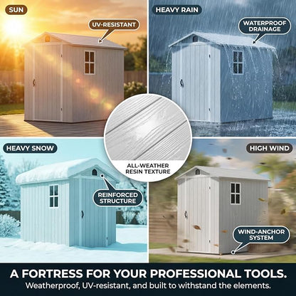 Devoko 4×6 FT Resin Storage Sheds with Floor, Plastic Outdoor Tool Shed with Windows, Waterproof Outside Sheds and Lockable Doors for Backyard Lawn Garden, Light Gray