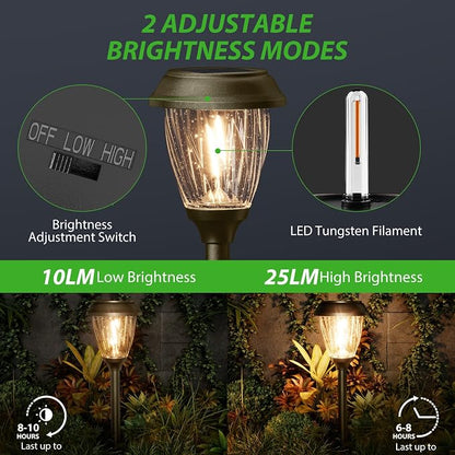 XMCOSY+ Solar Pathway Lights Outdoor, Glass & Metal Garden Lights with 2 Lighting Modes (10/25 LM), IP65 Waterproof, Warm White Decorative for Yard Walkway Driveway Patio & Path