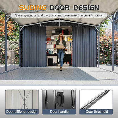 KEIKI 12x23 FT Heavy Duty Metal Carport with Storage Shed, Steel Garage Shelter with Sliding Door, Waterproof Sloped Roof, UV Protection Panels, Outdoor Car Canopy for Car, Boat, Tractor